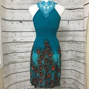 🆕 Halter Mini Dress with Peacock Pattern